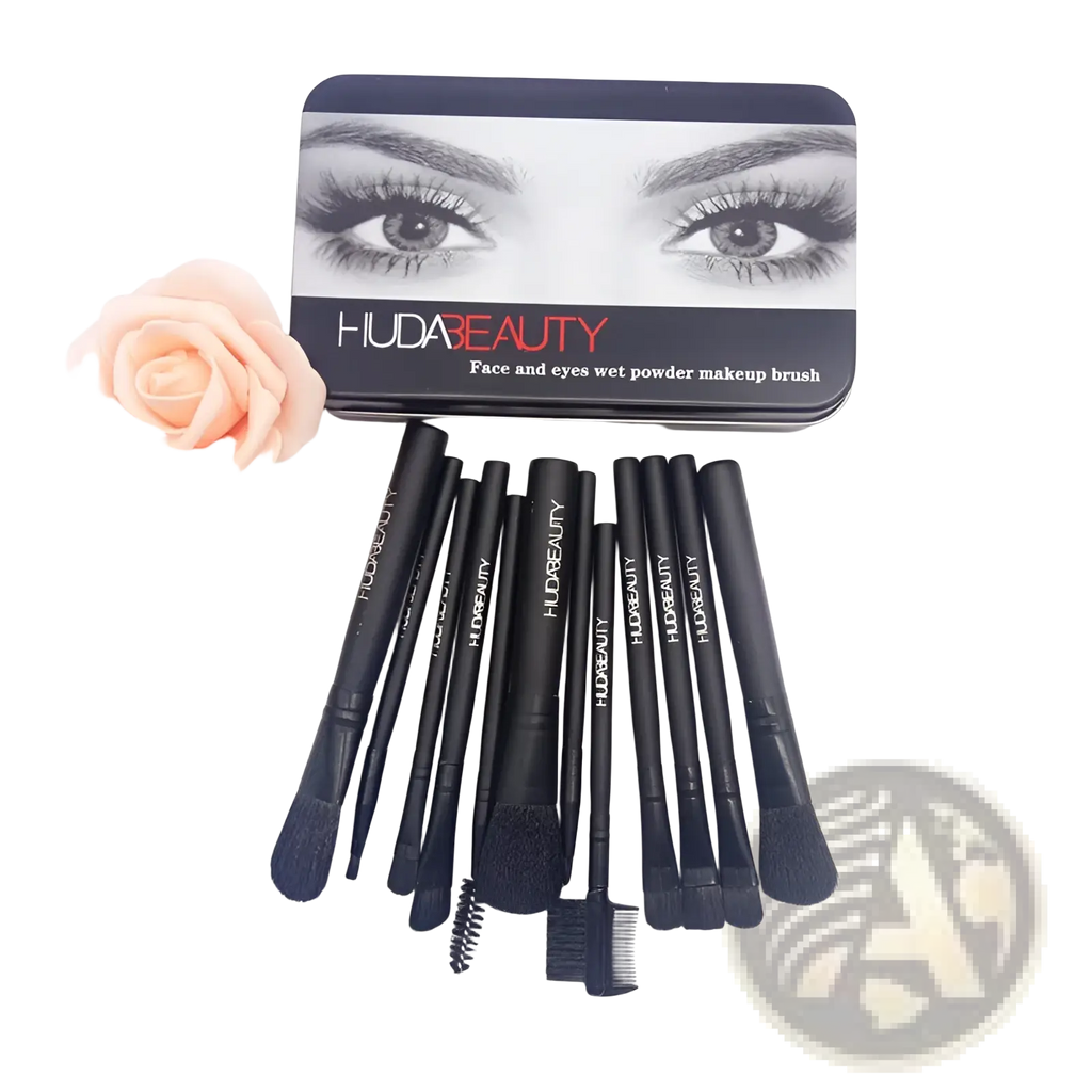 Black huda beauty 12 piece professional face and eyes wet powder makeup brush set in a black rectangular tin case