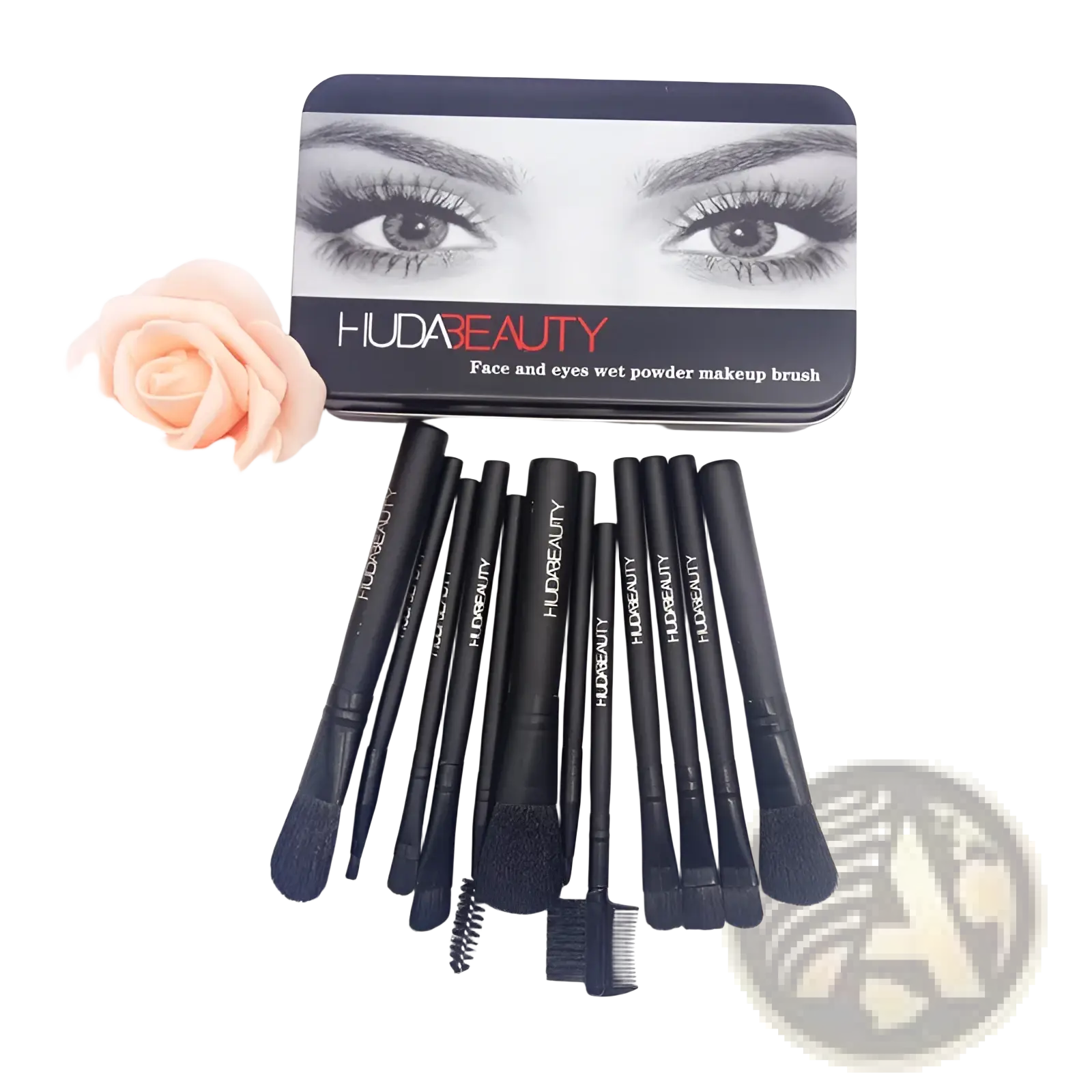 Black huda beauty 12 piece professional face and eyes wet powder makeup brush set in a black rectangular tin case