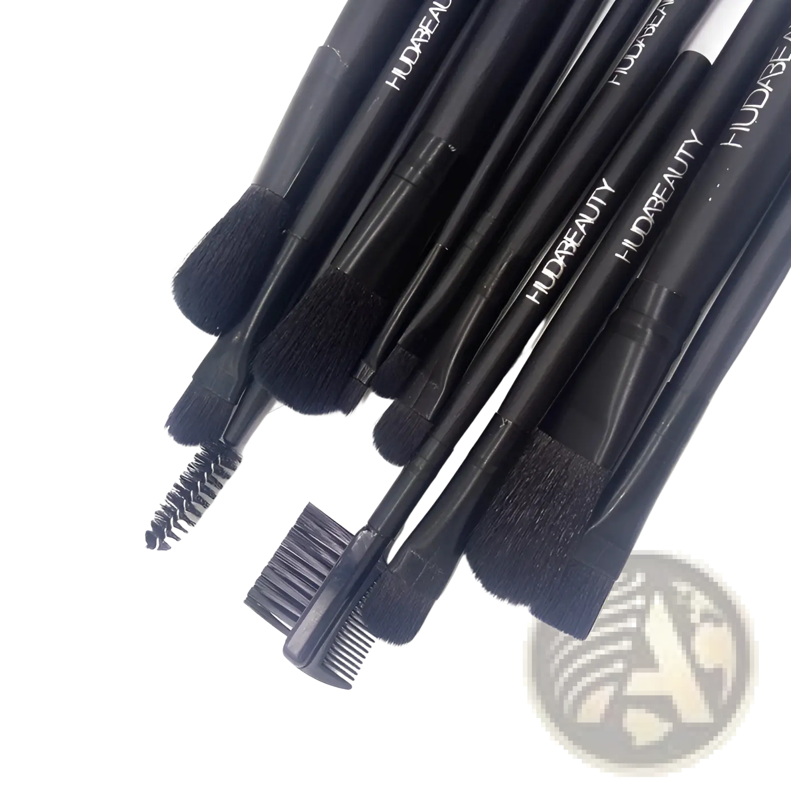 Set of 12 black huda beauty professional makeup brushes with various heads in a tin case for diverse cosmetic applications