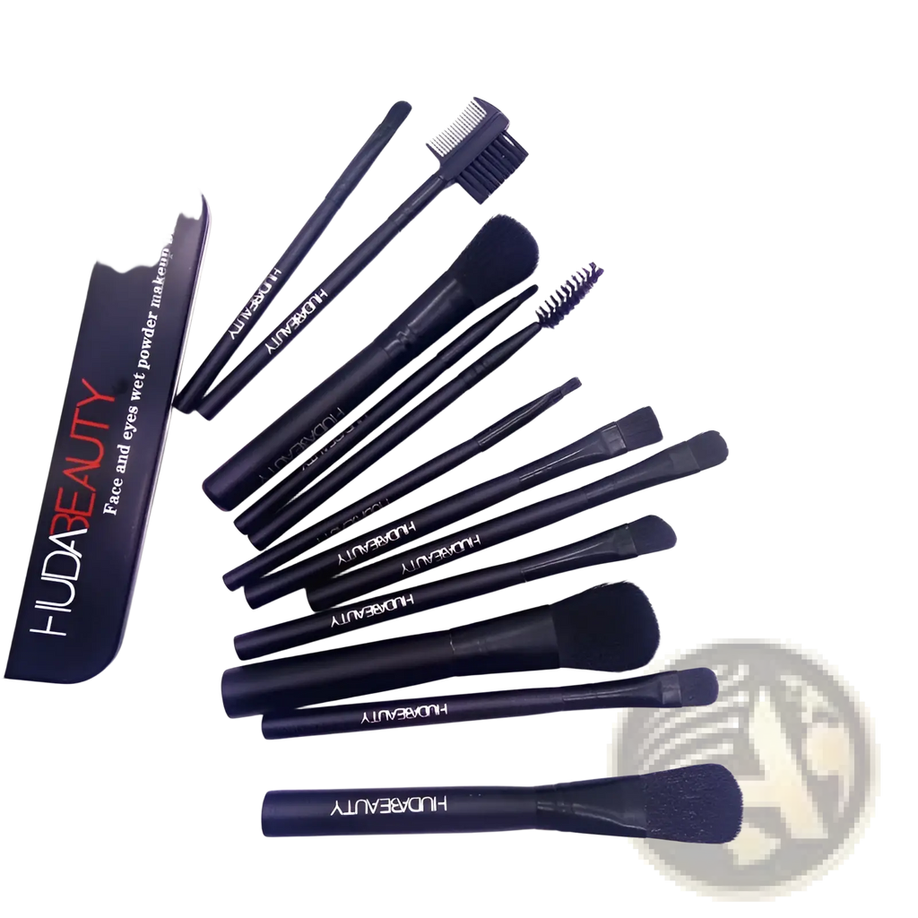 Set of 12 black huda beauty wet powder makeup brushes with sleek handles and soft bristles in professional tin case