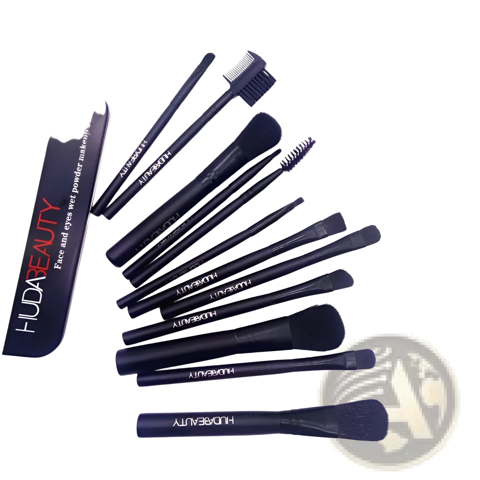 Set of 12 black huda beauty wet powder makeup brushes with sleek handles and soft bristles in professional tin case