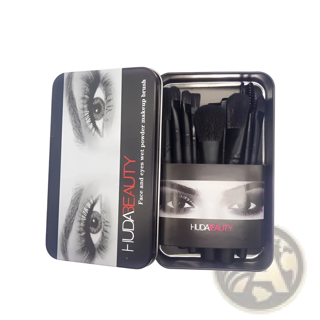 Makeup brush set 12 piece professional black metal wet and powder brushes in a tin case with monochrome eye design
