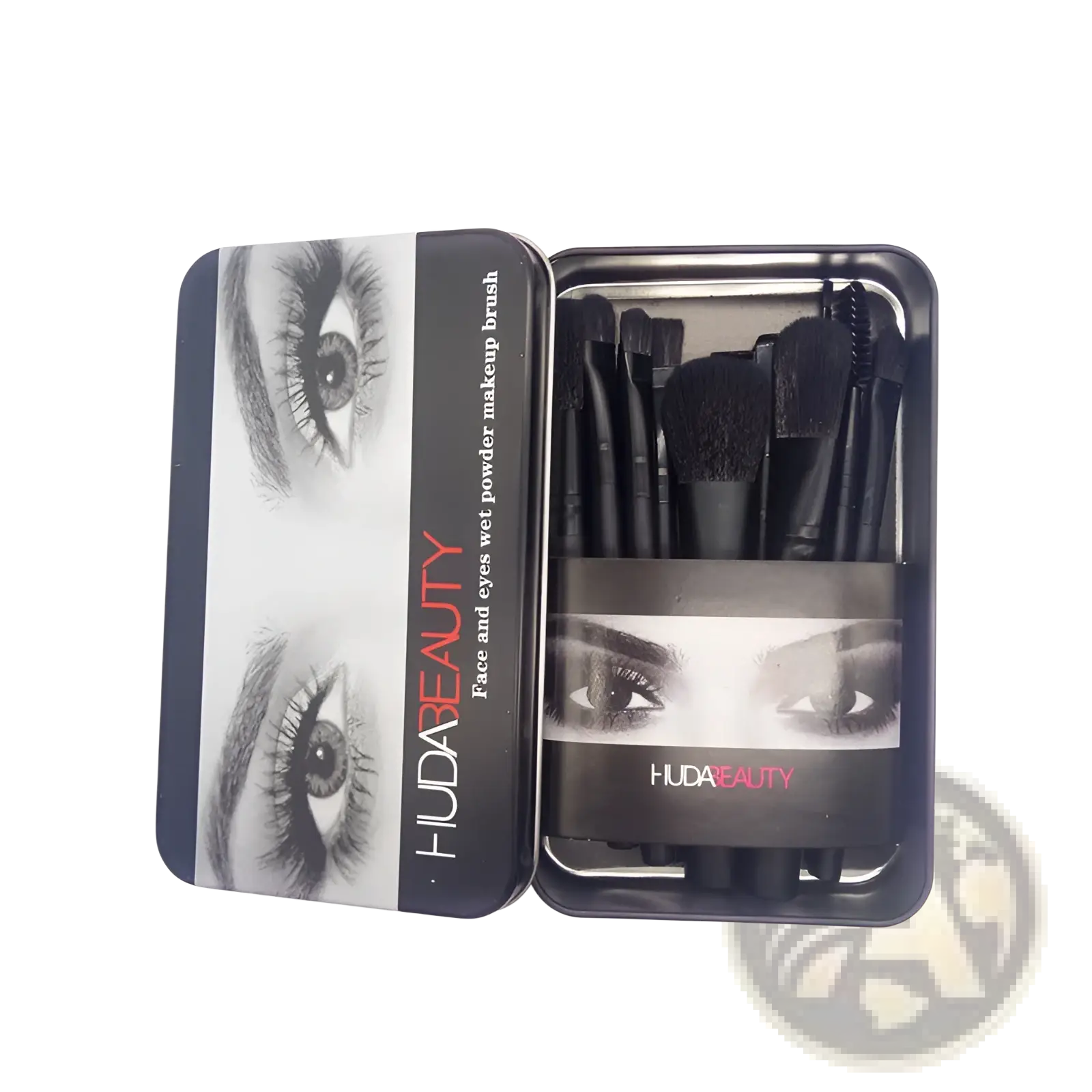 Makeup brush set 12 piece professional black metal wet and powder brushes in a tin case with monochrome eye design