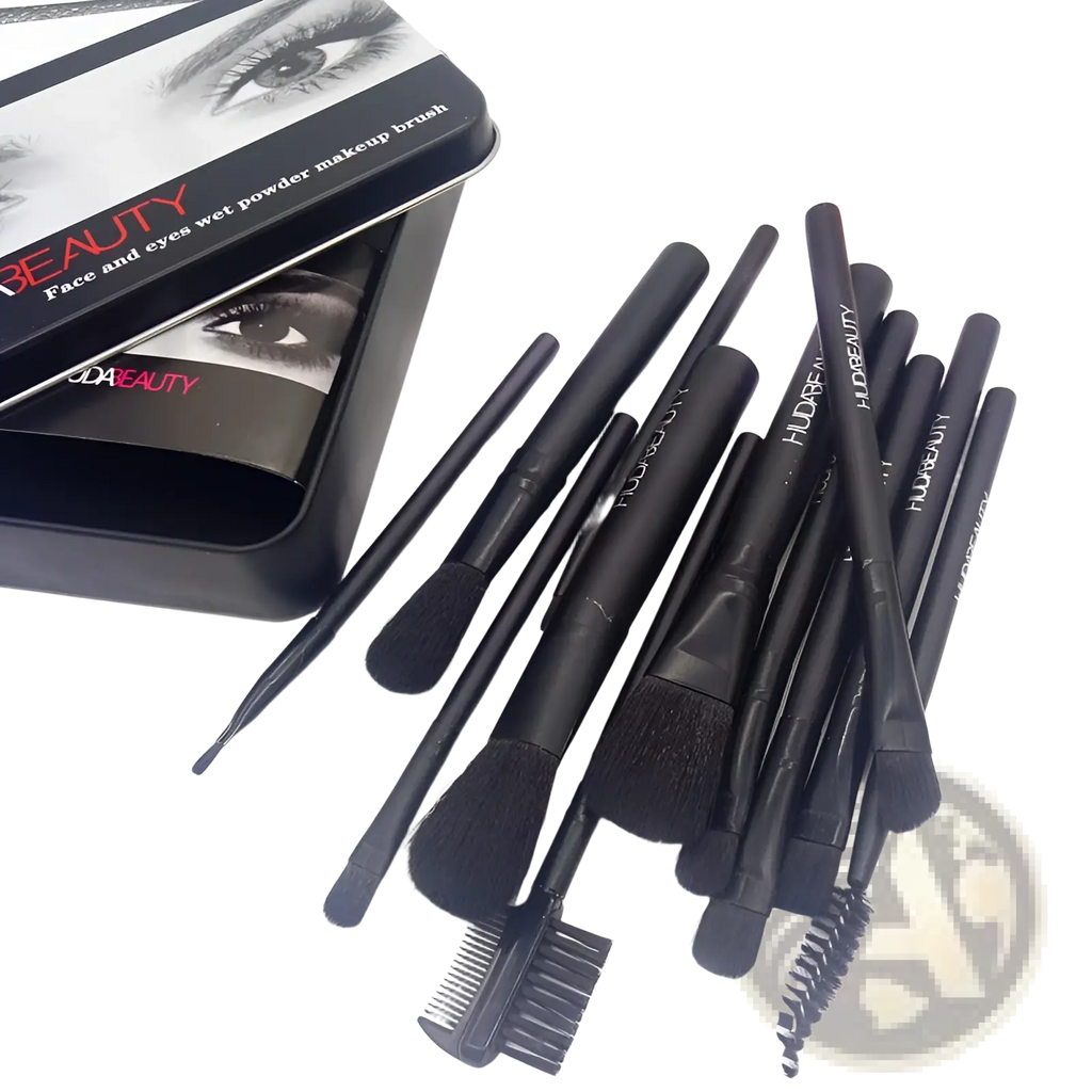 Black huda beauty 12 piece professional wet powder makeup brush set in black tin case for face and eyes application