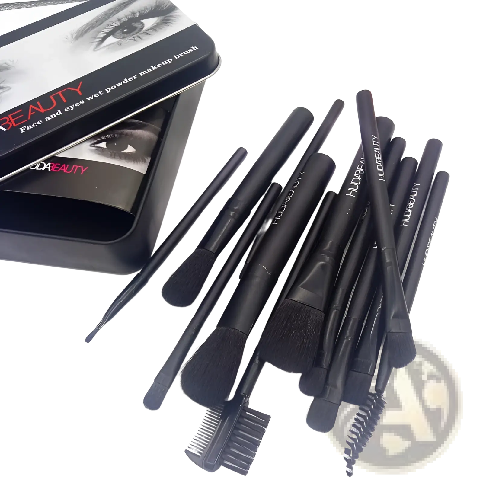 Black huda beauty 12 piece professional wet powder makeup brush set in black tin case for face and eyes application