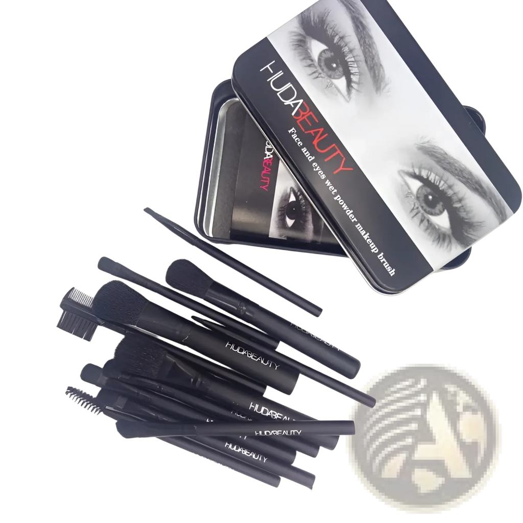 Black huda beauty 12 piece professional wet powder makeup brush set in sleek black tin case for face and eyes