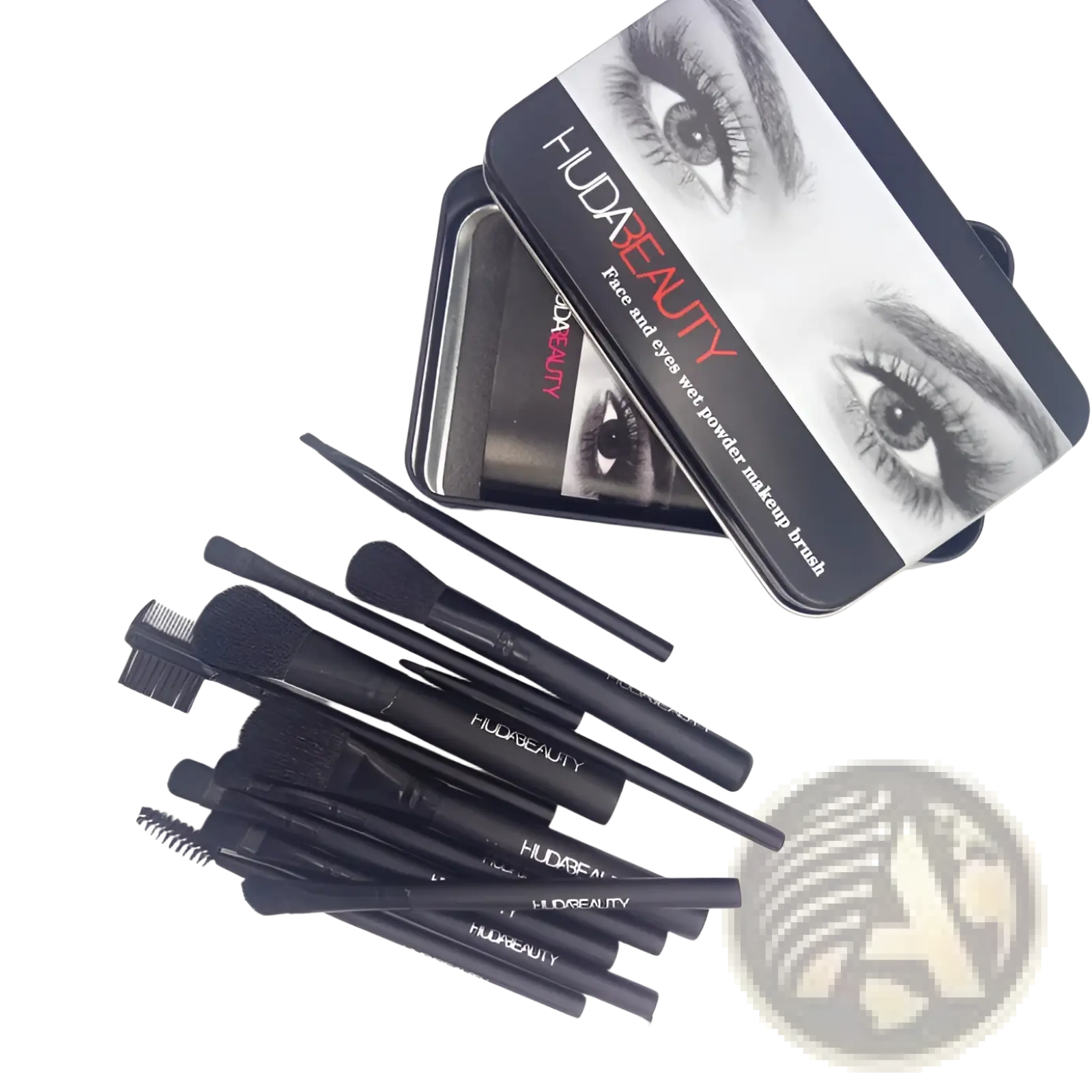 Black huda beauty 12 piece professional wet powder makeup brush set in sleek black tin case for face and eyes