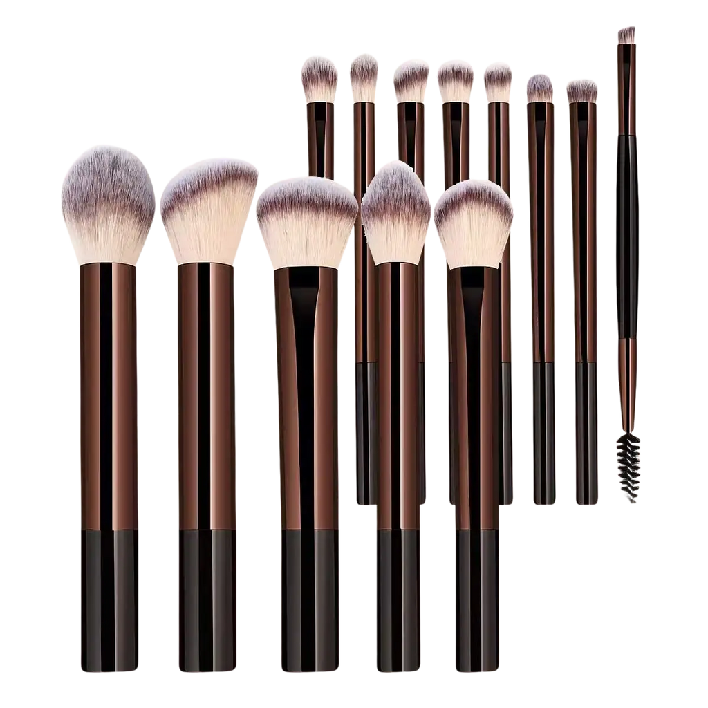 Set of 12 professional makeup brushes with sleek brown and black handles and soft gradient-tipped bristles