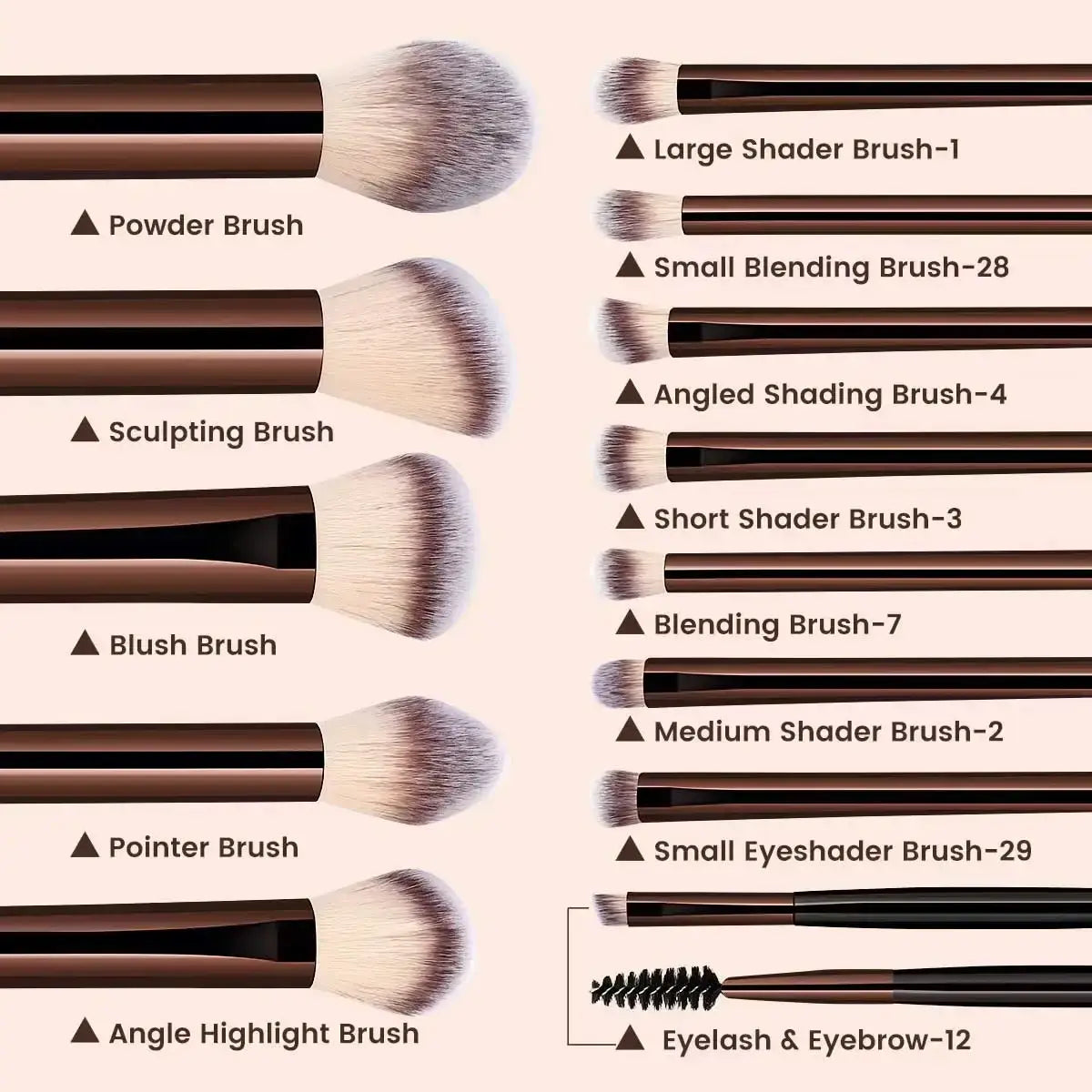 Set of 12 professional makeup brushes with brown handles and soft dense bristles for various cosmetic applications