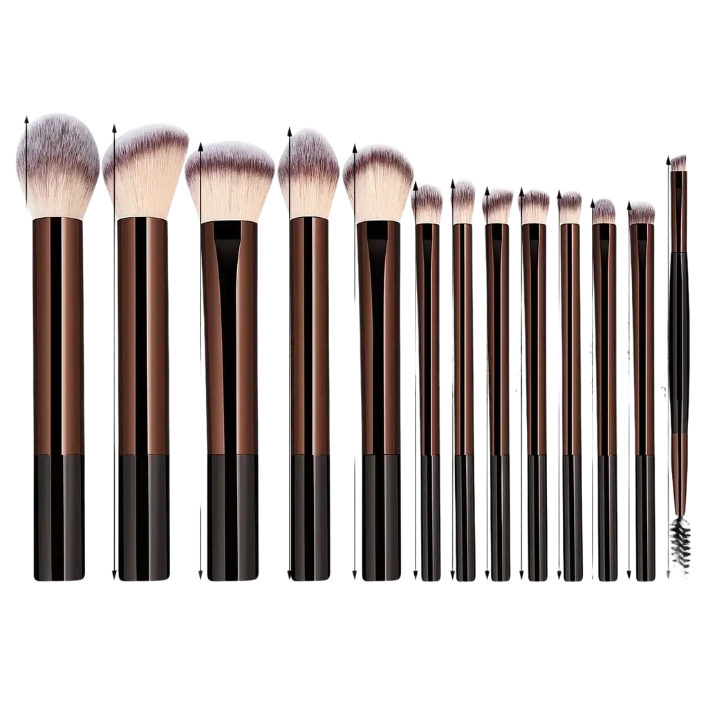 Makeup brush set 15-piece professional cosmetic kit with sleek brown and black handles and soft synthetic bristles