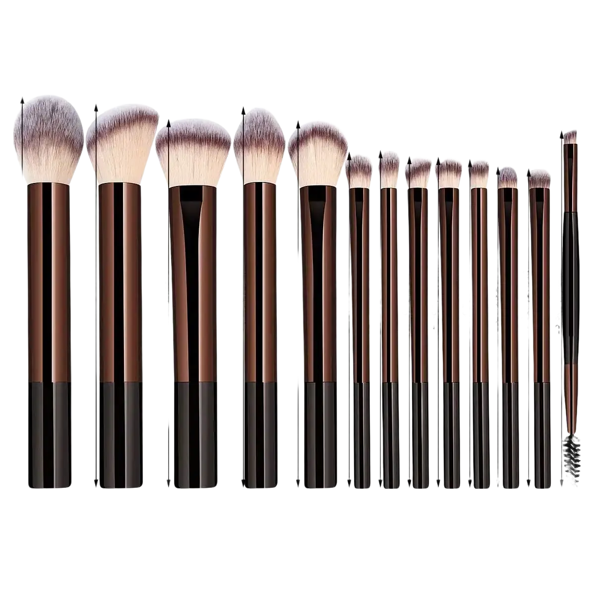 Makeup brush set 15-piece professional cosmetic kit with sleek brown and black handles and soft synthetic bristles