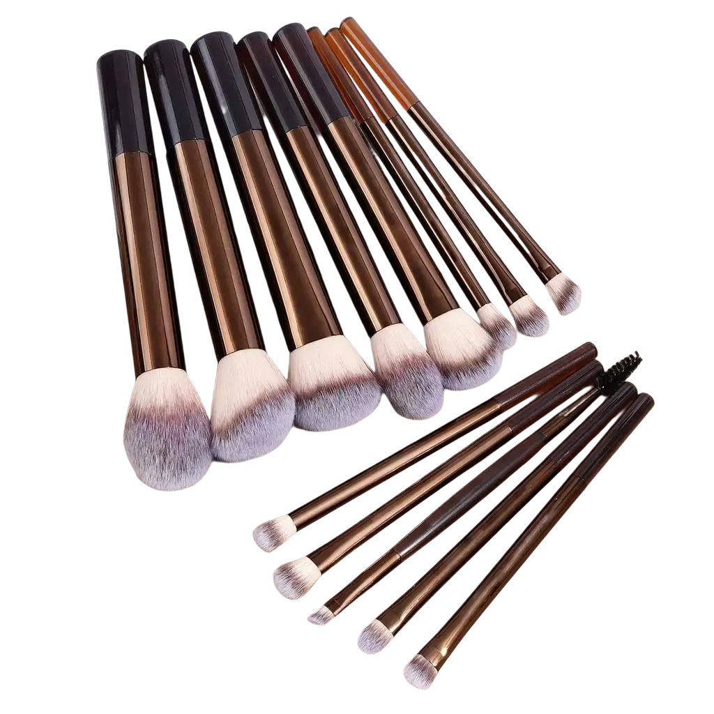 Set of 15 professional makeup brushes with bronze and black handles and soft white to purple gradient bristles