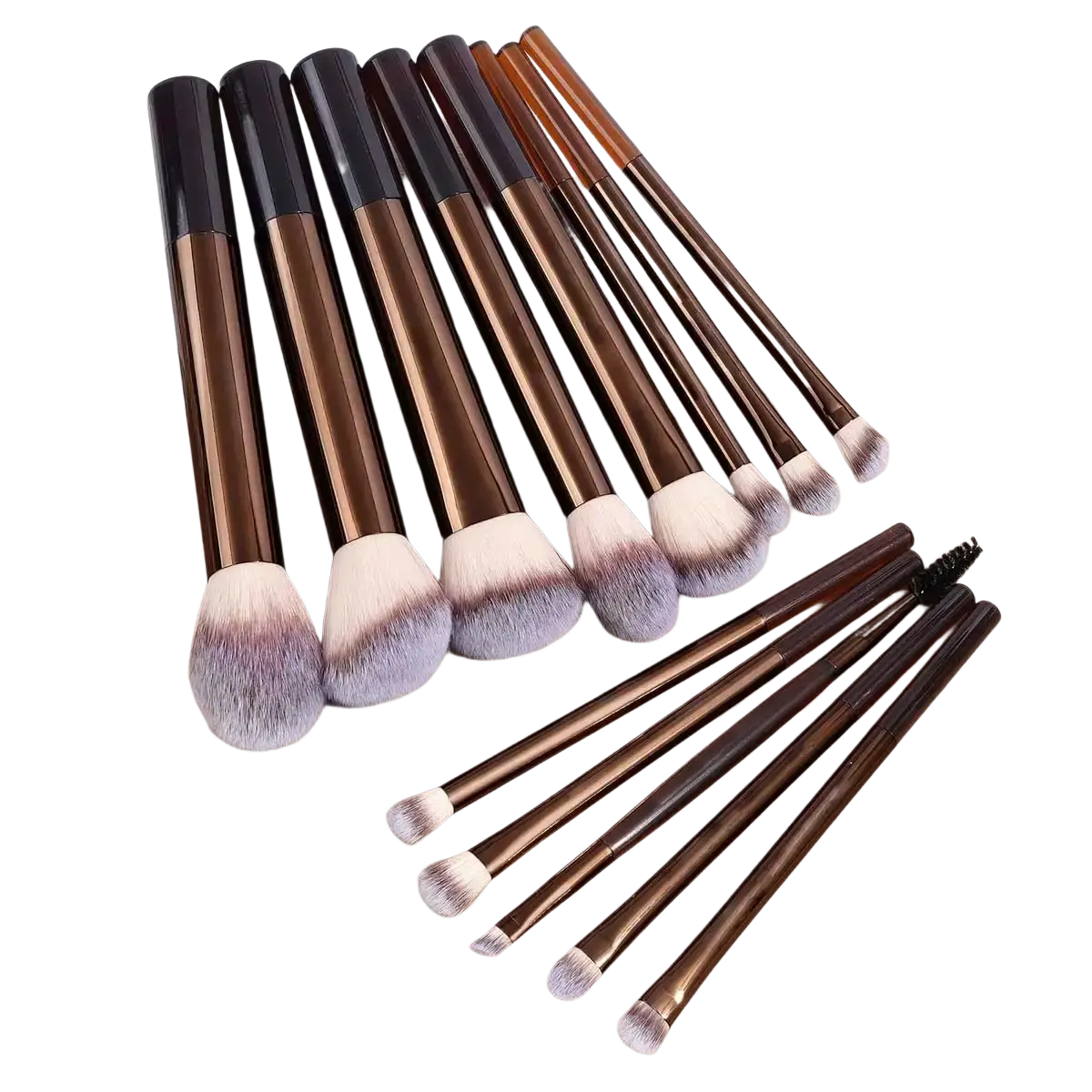 Set of 15 professional makeup brushes with bronze and black handles and soft white to purple gradient bristles