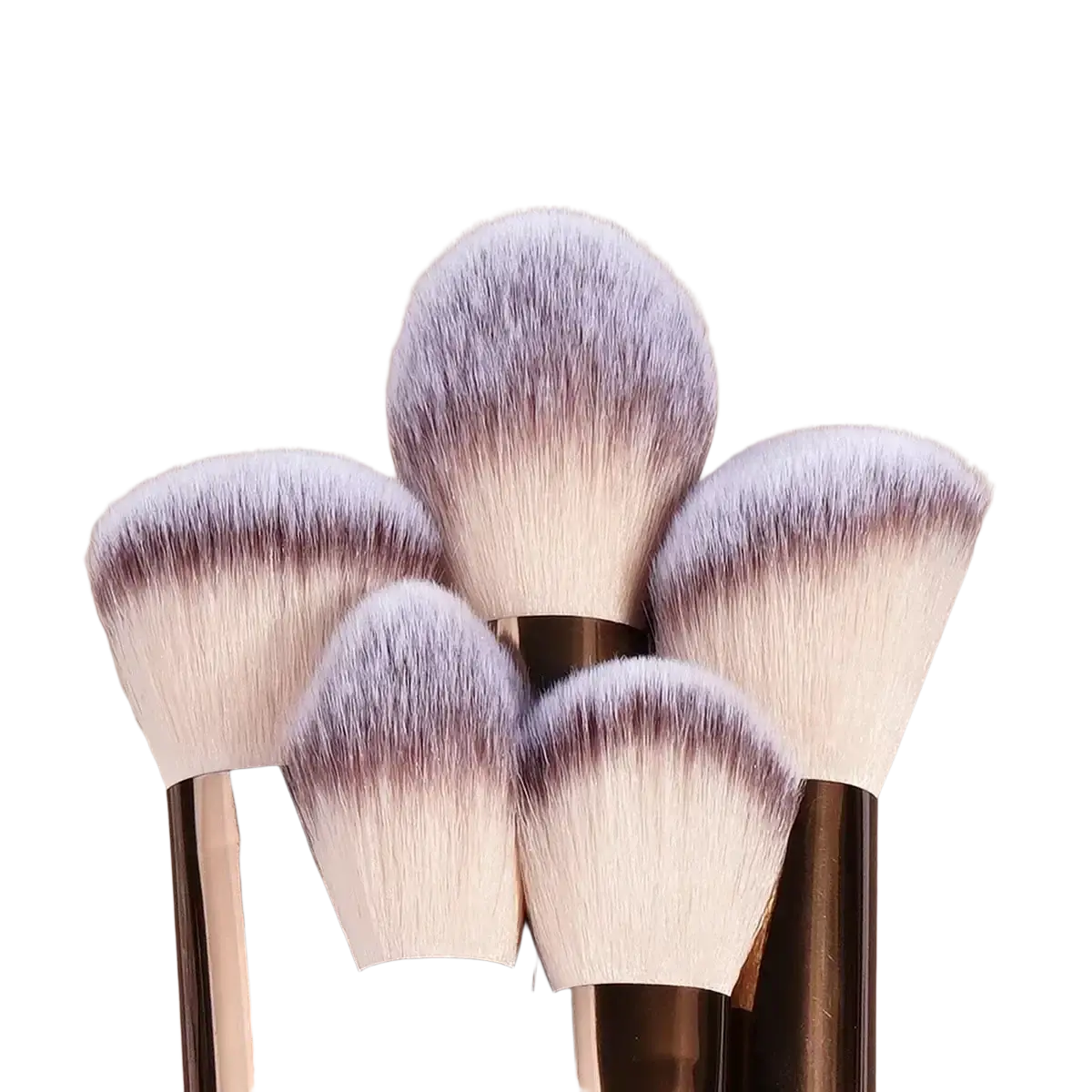 Set of five makeup brushes with fluffy white to purple gradient bristles and gold metallic handles for professional use