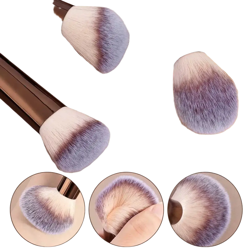 Set of three makeup brushes with rose gold handles and purple to white bristles in a silver compact from a 13-piece kit