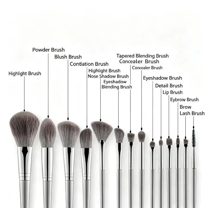 Makeup brush set of 12 silver-tipped synthetic brushes with soft dense bristles in various shapes for professional use