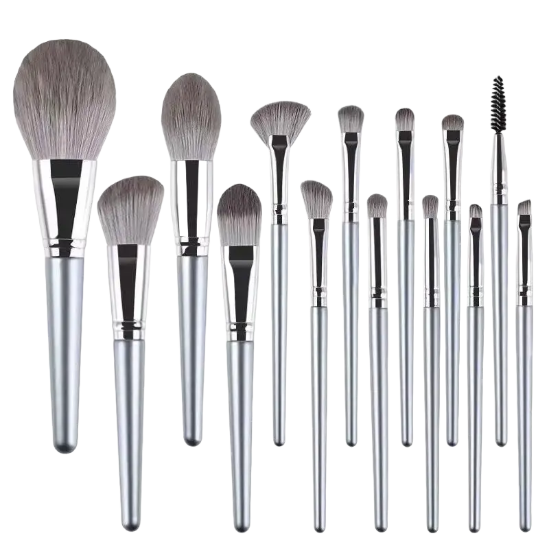 Set of 15 silver-finished professional synthetic makeup brushes with soft gray bristles in a makeup brush set