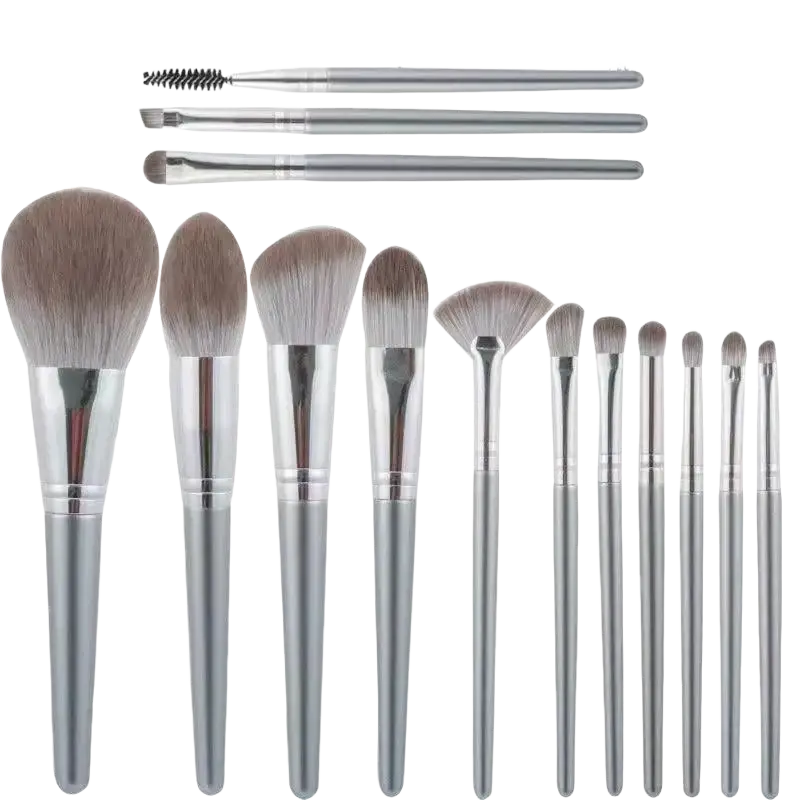 Set of 15 silver-finished professional synthetic makeup brushes with soft dense bristles in various sizes and shapes
