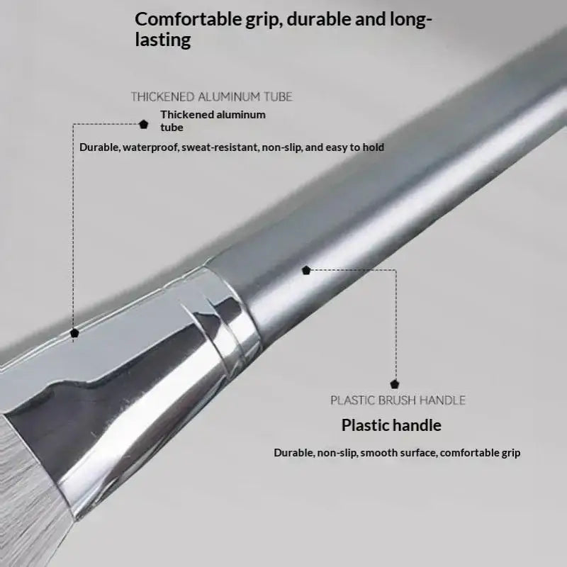 Silver-bristled makeup brush with thickened aluminum tube and plastic handle from professional 14 piece brush set