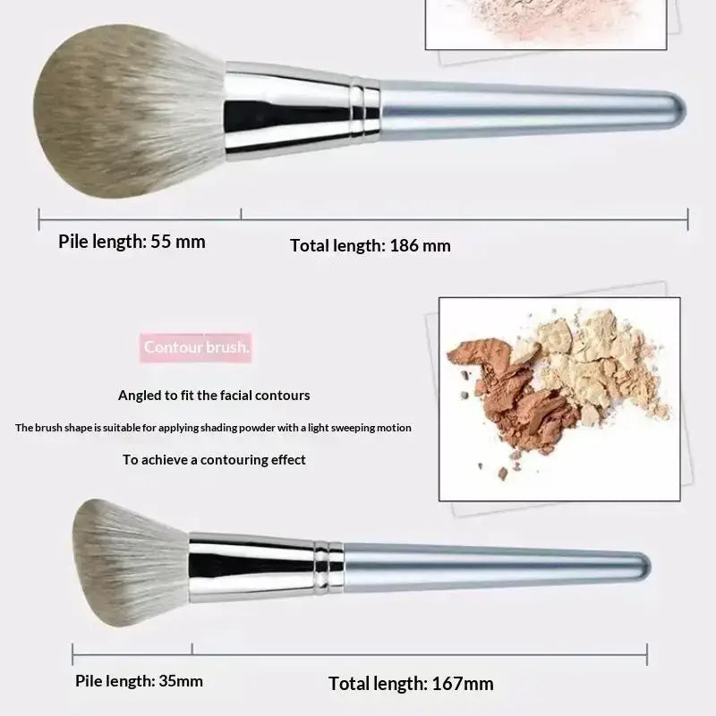 Silver-handled synthetic makeup brush with soft angled bristles for precise shading in 14 piece brush set