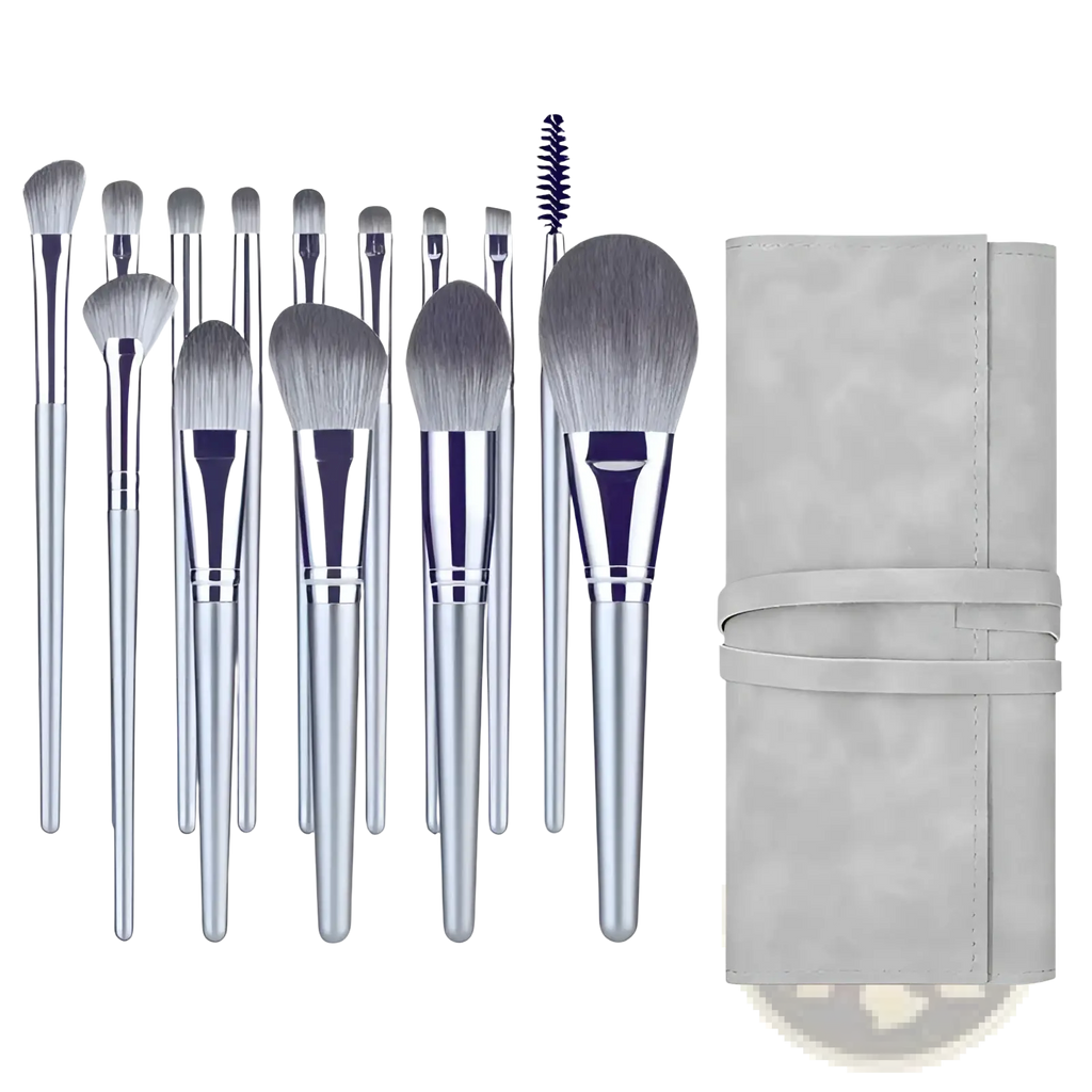 Makeup brush set with 15 silver pieces featuring gradient gray bristles and a light gray faux leather carrying case