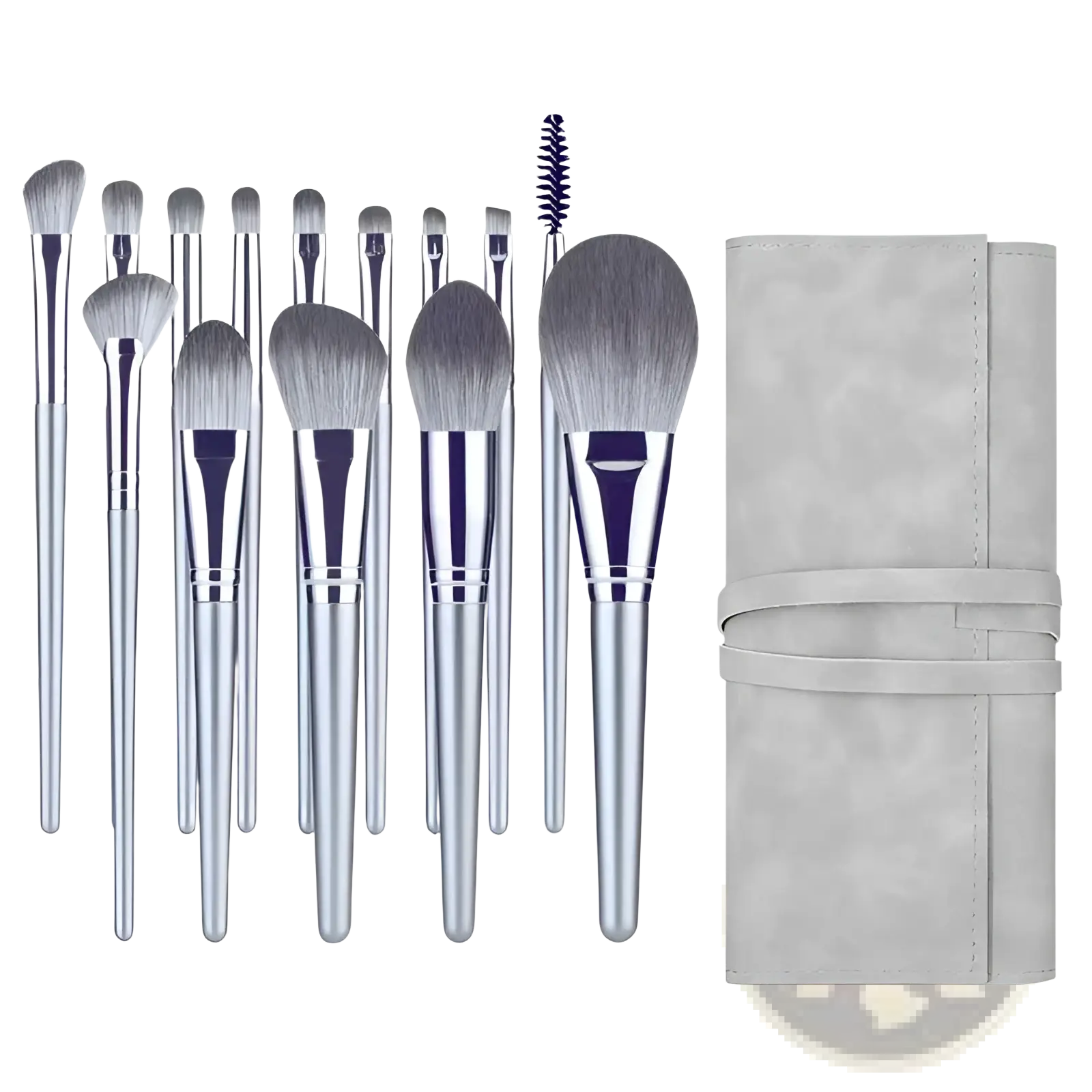 Makeup brush set with 15 silver pieces featuring gradient gray bristles and a light gray faux leather carrying case