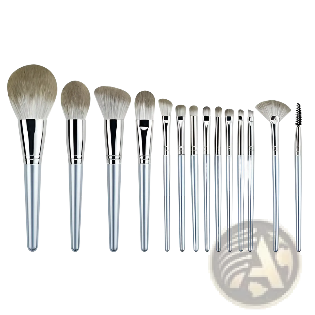 Makeup brush set with 15 silver pieces featuring soft beige bristles and sleek metallic handles for professional use