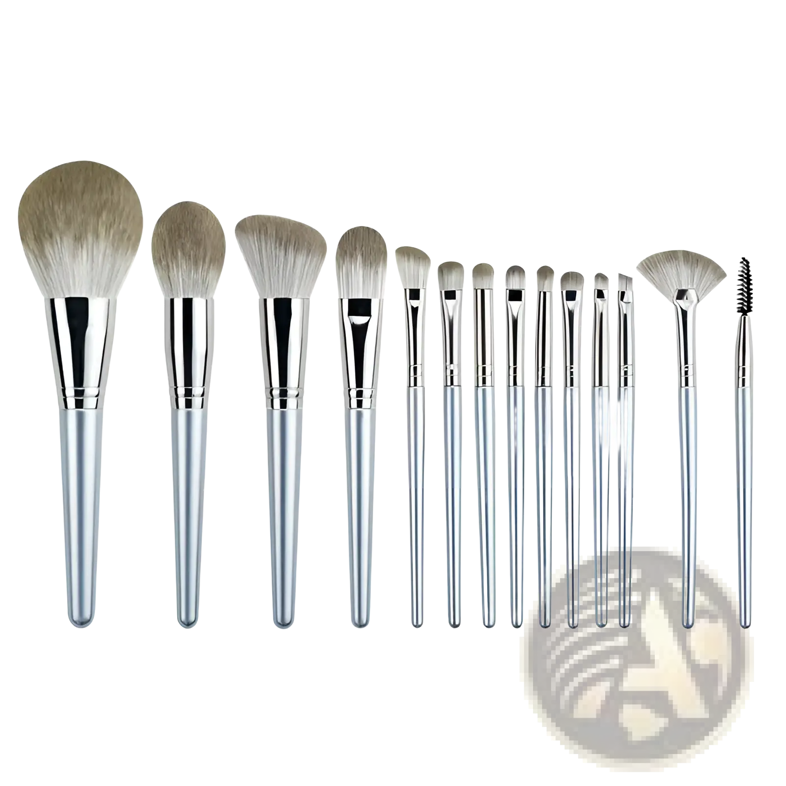 Makeup brush set with 15 silver pieces featuring soft beige bristles and sleek metallic handles for professional use