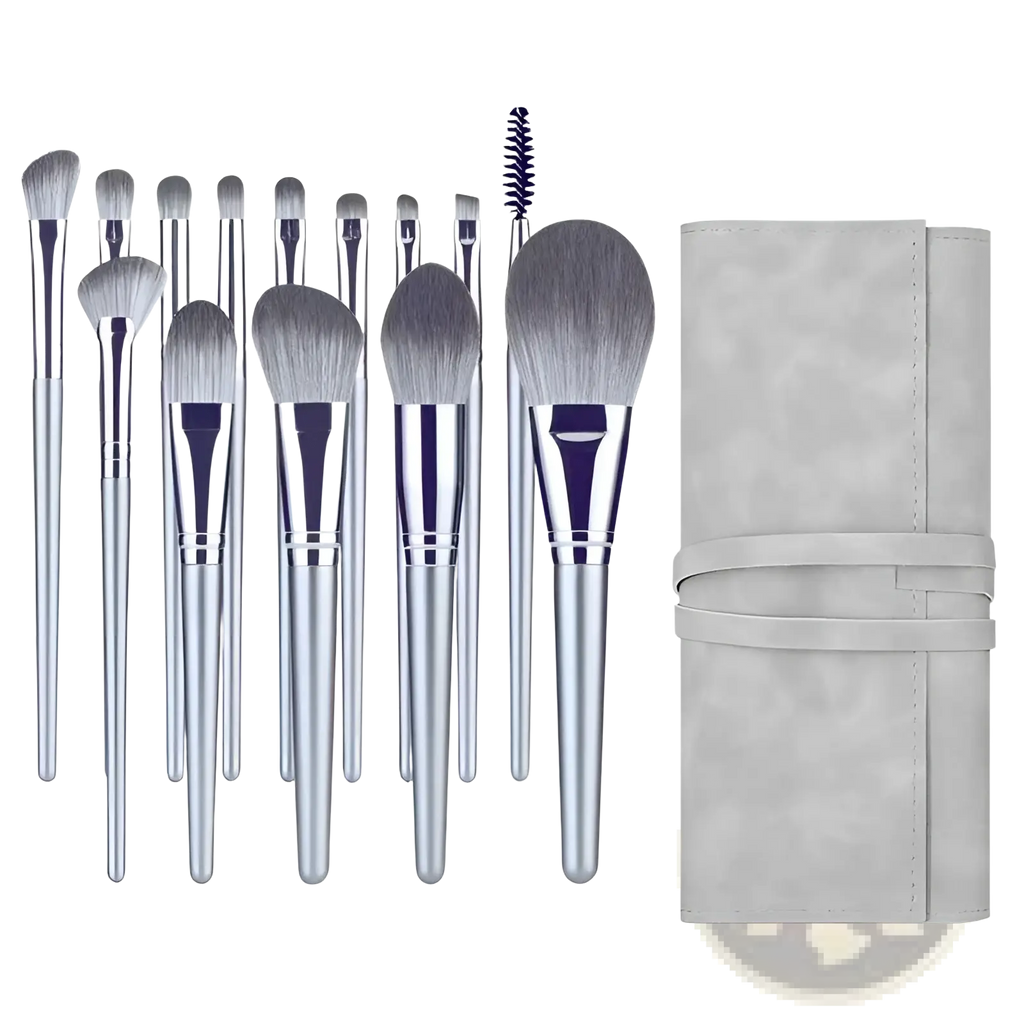 Makeup brush set with 15 silver pieces gray bristles and a matching gray suede case for professional use