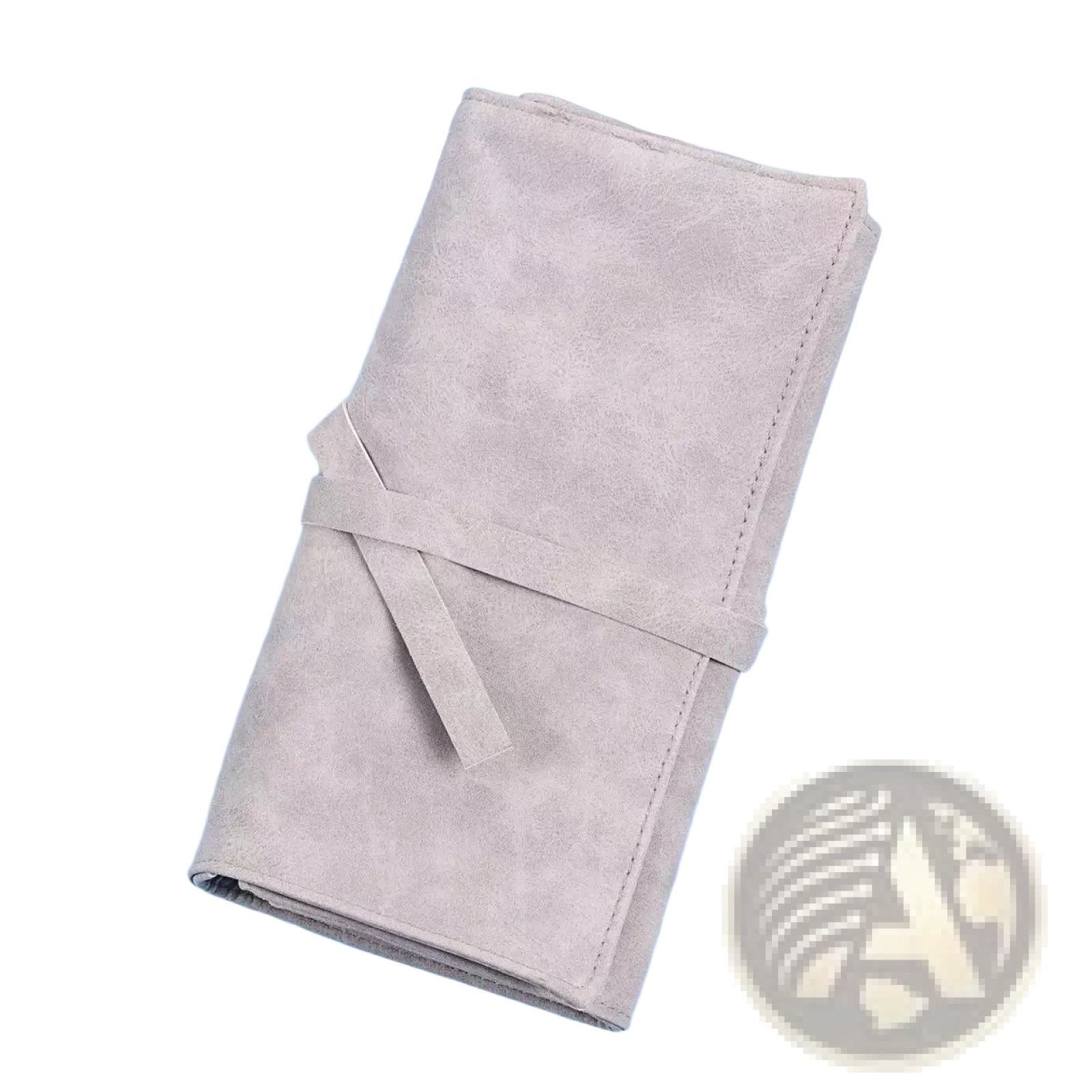 Makeup brush set with 15 silver pieces in a taupe suede roll-up wallet secured with a matching fabric tie