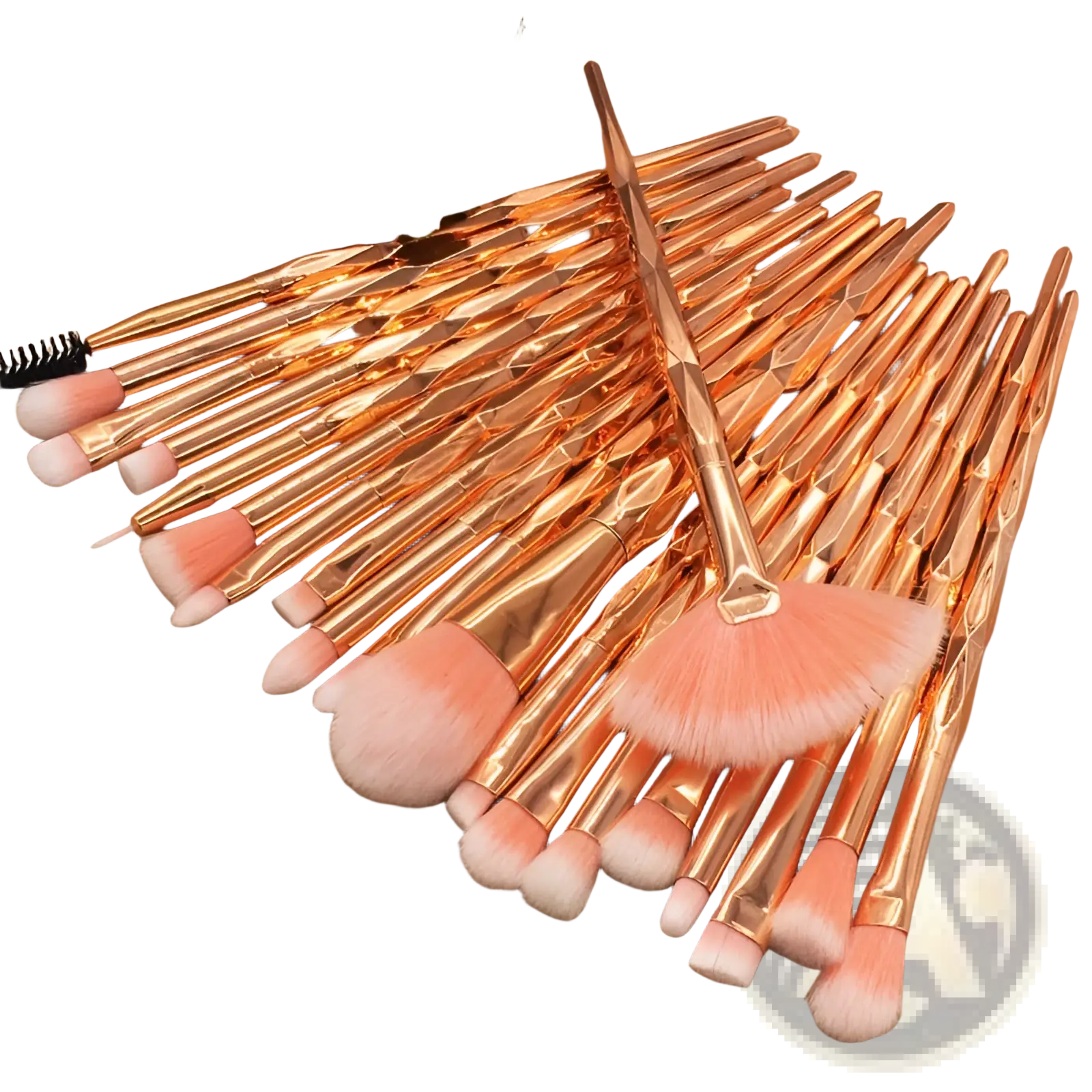 Set of rose gold makeup brushes with soft peach and white bristles from a 20 piece rose gold and glitter set