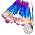 Set of 18 colorful makeup brushes with iridescent blue and purple gradient handles and rose gold ferrules