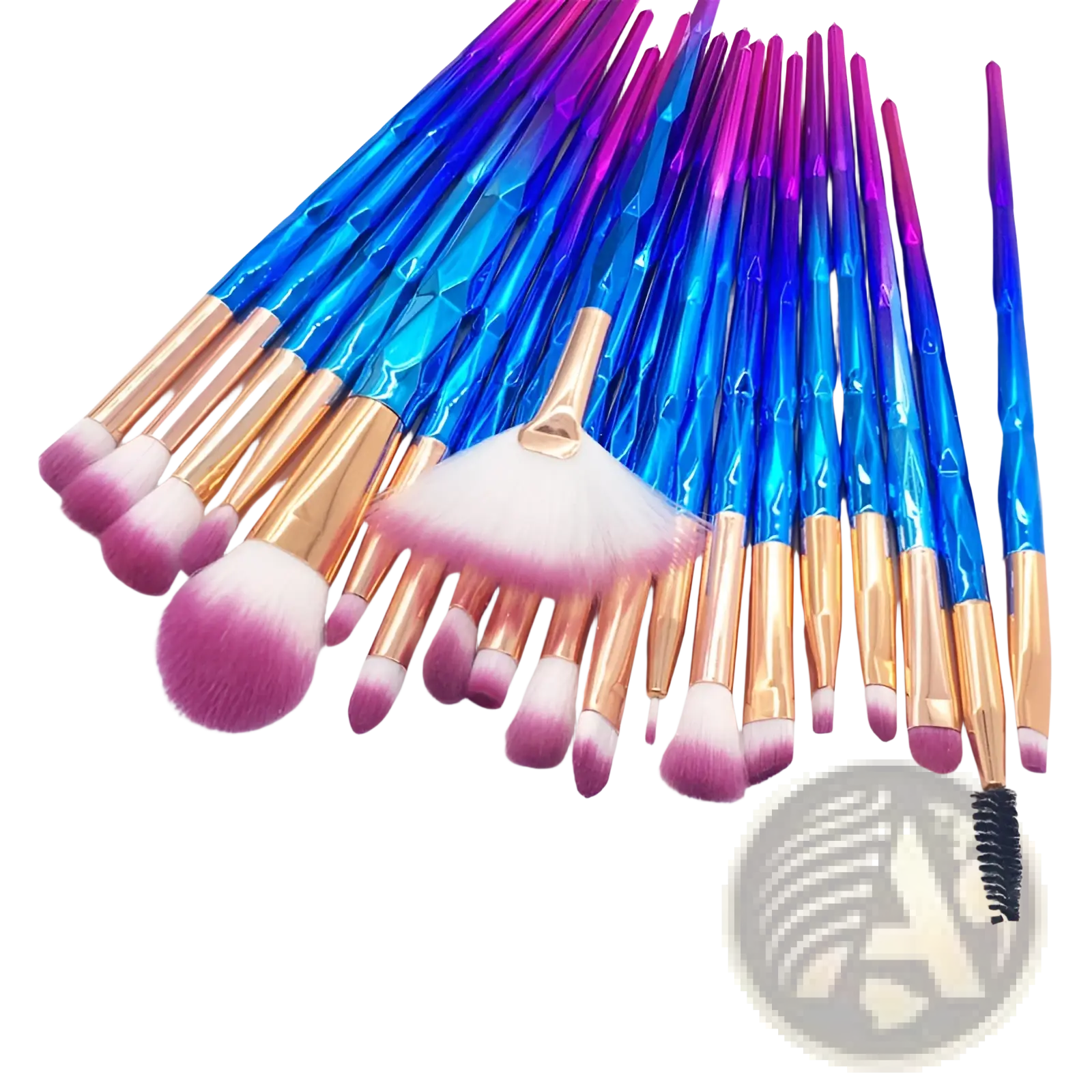 Set of 18 colorful makeup brushes with iridescent blue and purple gradient handles and rose gold ferrules