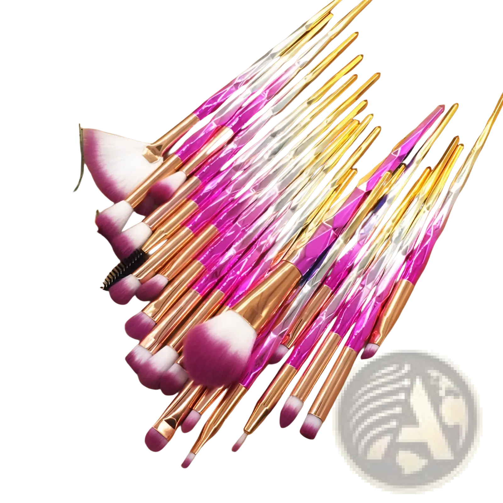 A set of 18 vibrant pink and gold gradient makeup brushes with soft bristles arranged on a brown surface