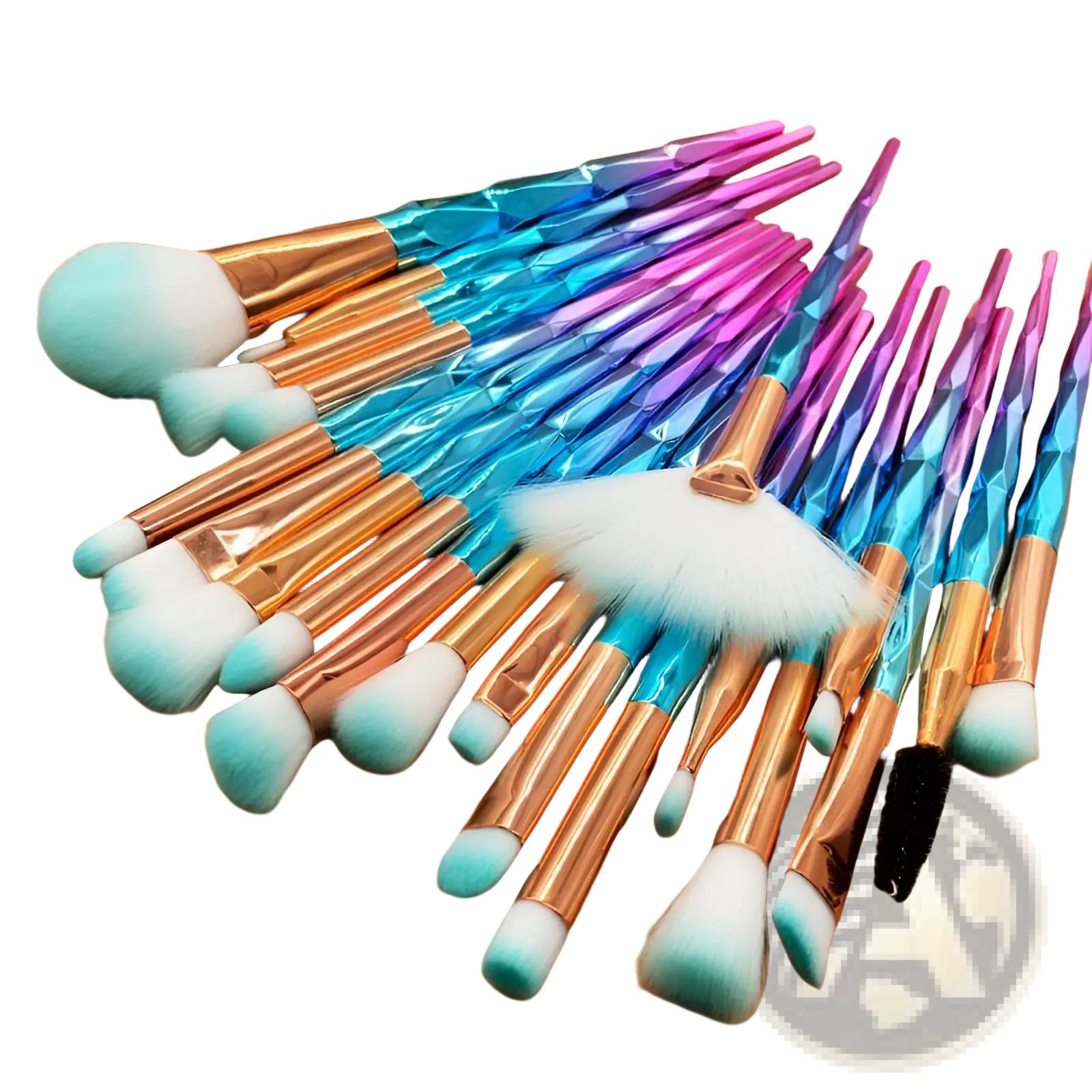 A set of 20 colorful makeup brushes with iridescent blue and purple handles rose gold ferrules and soft white bristles