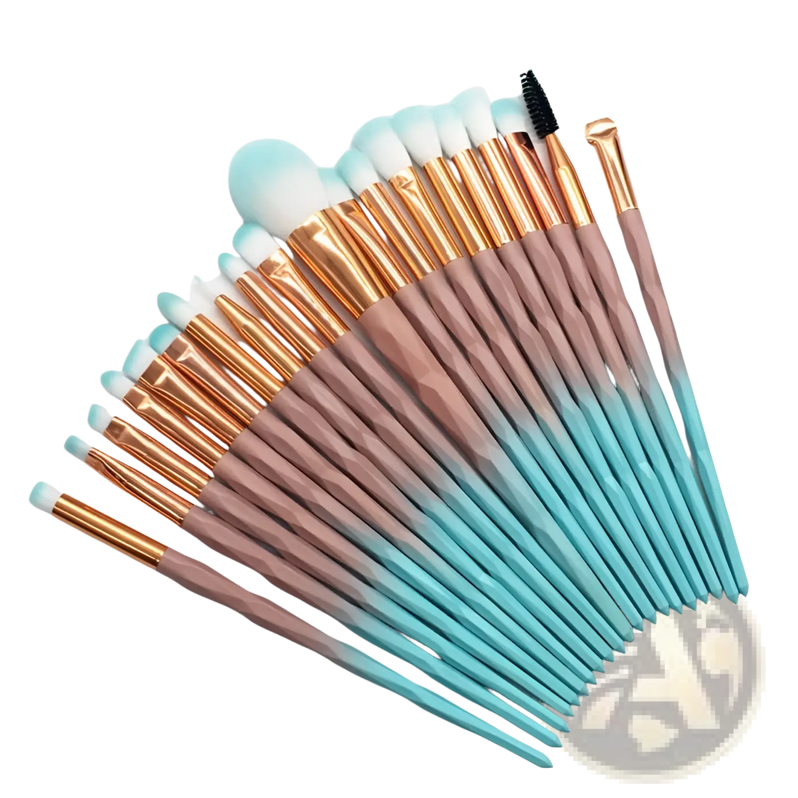 A 20 piece makeup brush set with gradient pink to blue handles, rose gold ferrules, and white bristles