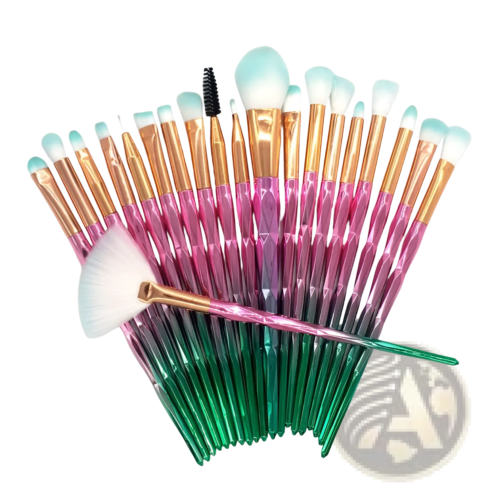 Makeup brush set 24 pieces with gradient pink to green translucent handles, rose gold ferrules, and soft white bristles
