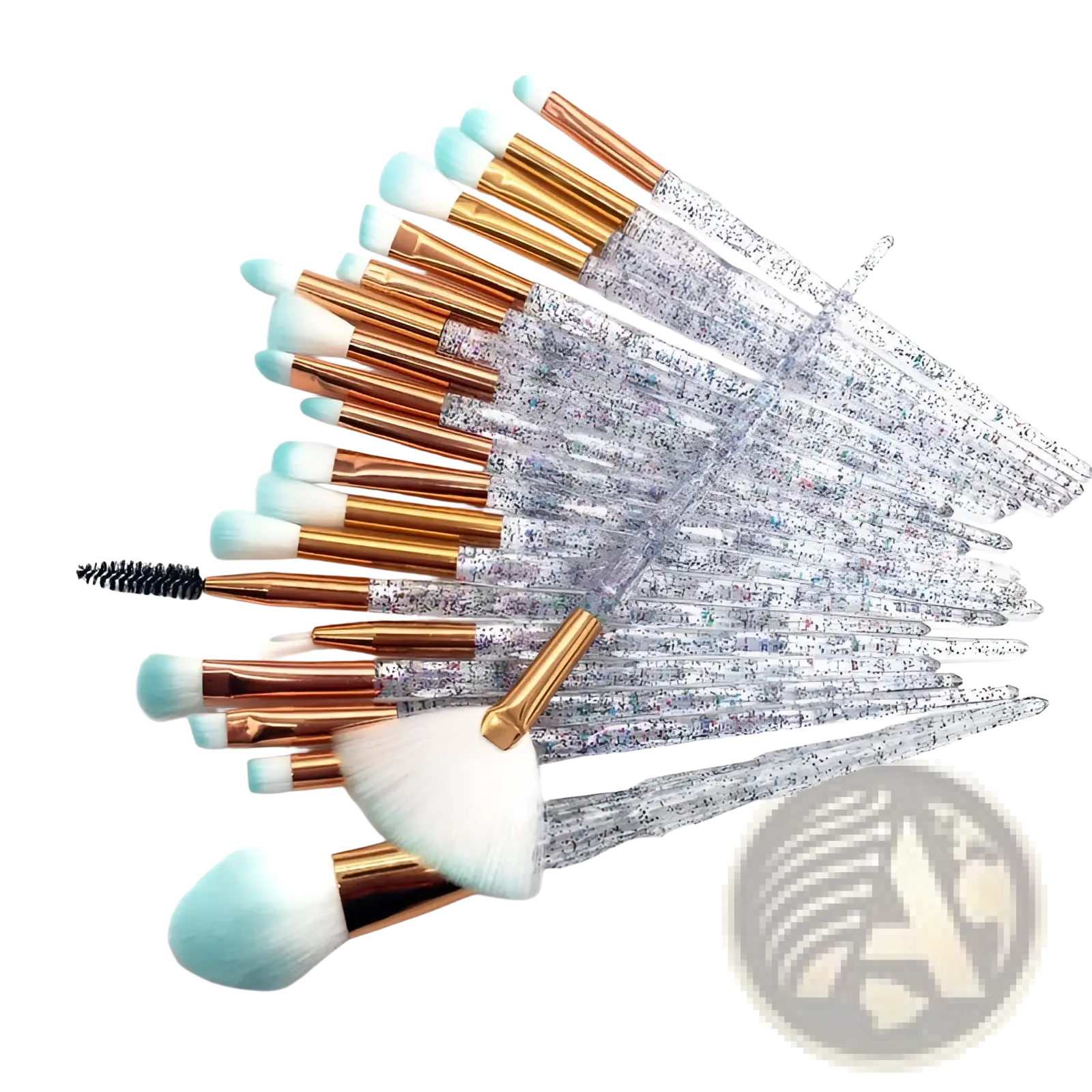 Makeup brush set 20 piece with glittery clear handles rose gold ferrules and light blue tipped bristles