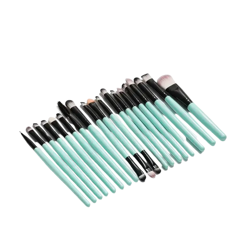 Set of 18 mint green and black synthetic makeup brushes with assorted bristle types in a makeup brush set