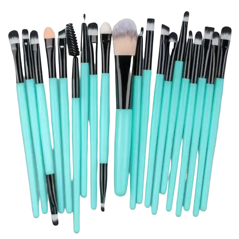 Makeup brush set of 24 turquoise-handled synthetic brushes with black ferrules and assorted bristle types