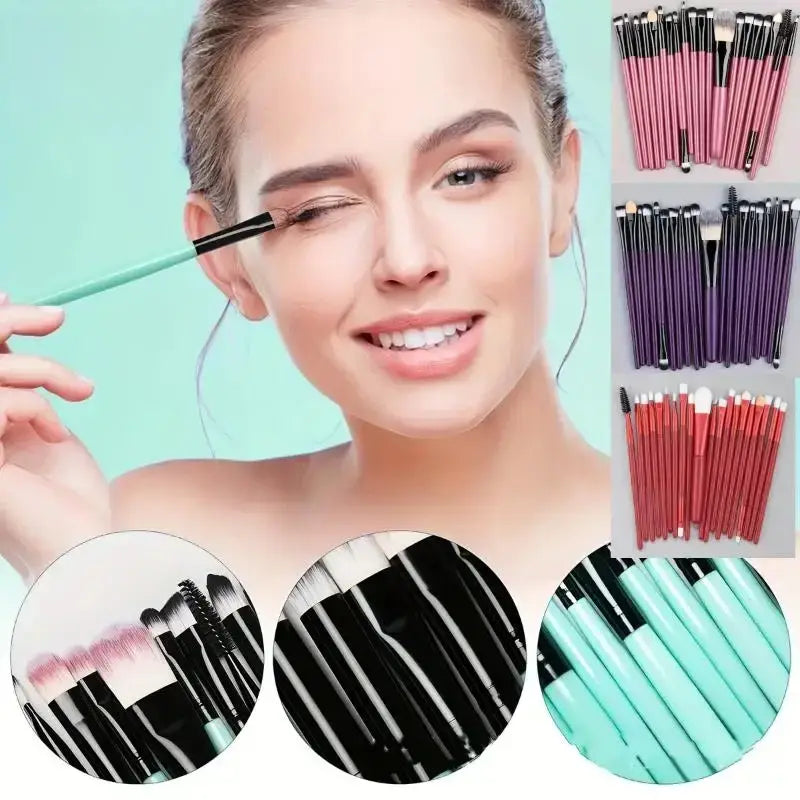 Makeup brush set with 20 pieces featuring colorful handles in pink purple red and mint green with black ferrules and synthetic bristles