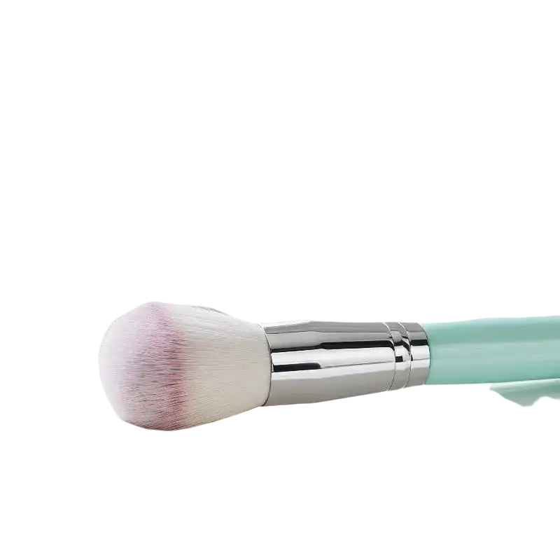 A mint green-handled makeup brush with soft fluffy white and pink synthetic bristles from a 20-piece brush set