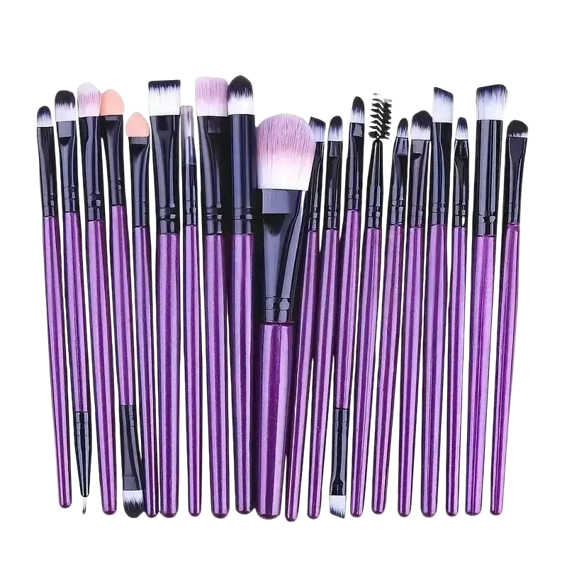 Set of 20 purple metallic makeup brushes with black accents synthetic bristles in a makeup brush set for versatile use