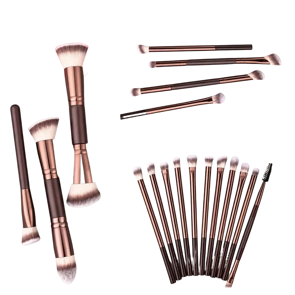 Set of 15 professional wool fiber makeup brushes with rose gold handles for face blending and eye applications in brush set