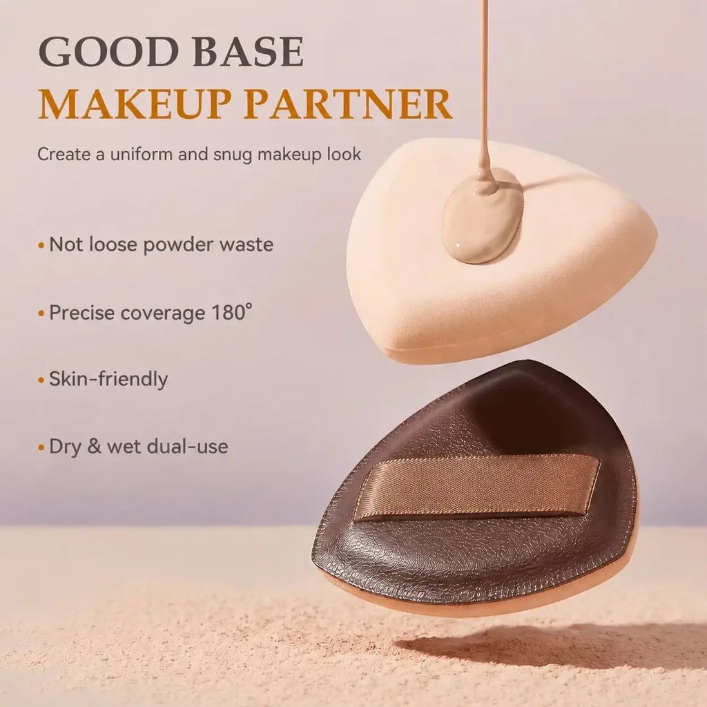 Beige and dark brown wool fiber makeup sponges with textured surface and metallic ribbon in 20-piece brush set travel case