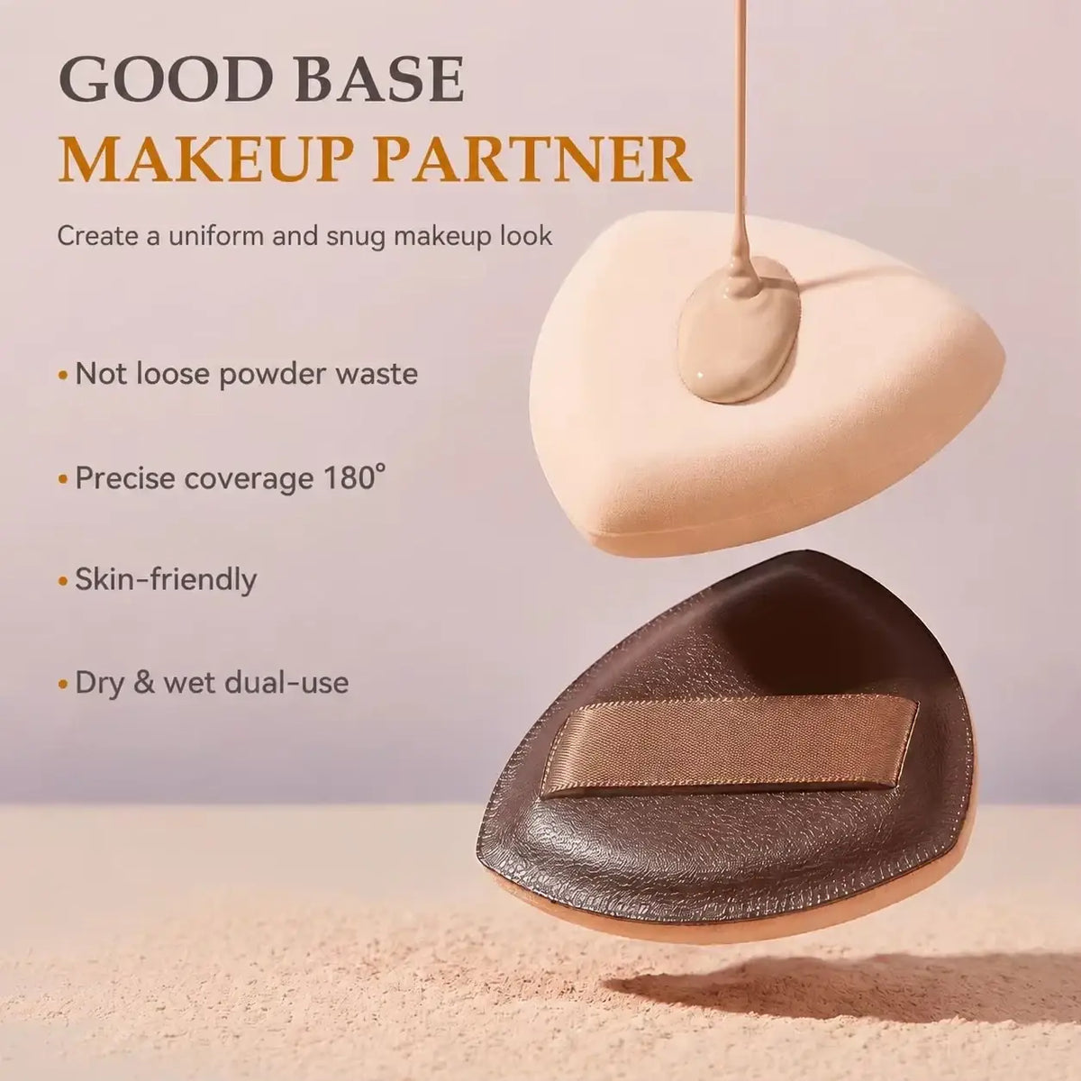 Beige and dark brown wool fiber makeup sponges with textured surface and metallic ribbon in 20-piece brush set travel case