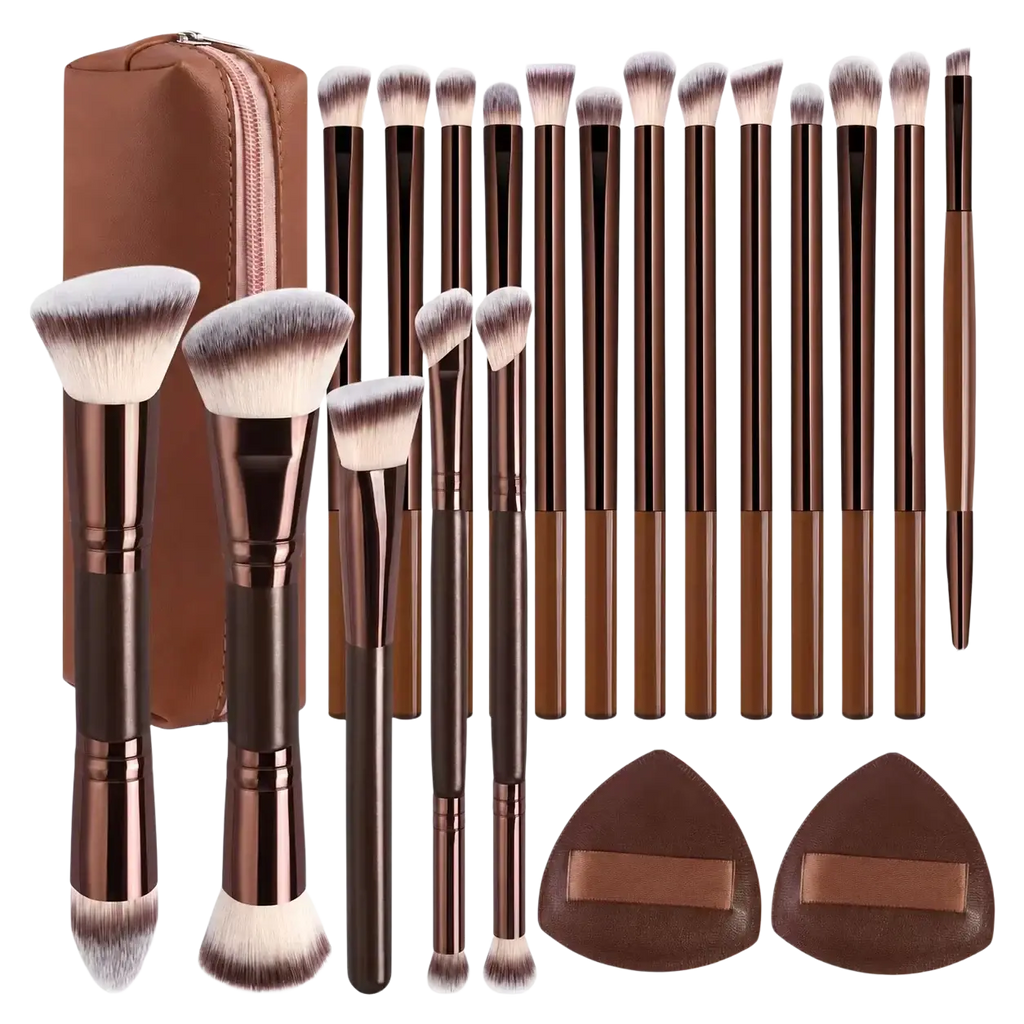 Brown and rose gold wool fiber makeup brush set with 20 pieces and matching travel carrying case