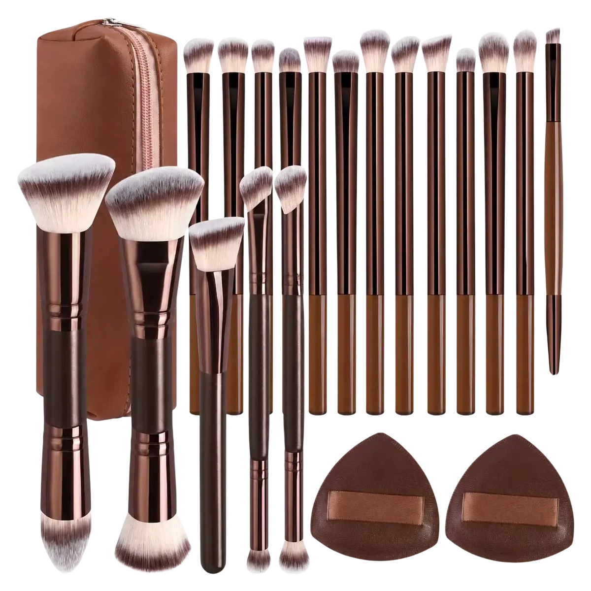 Brown and rose gold wool fiber makeup brush set with 20 pieces and matching travel carrying case