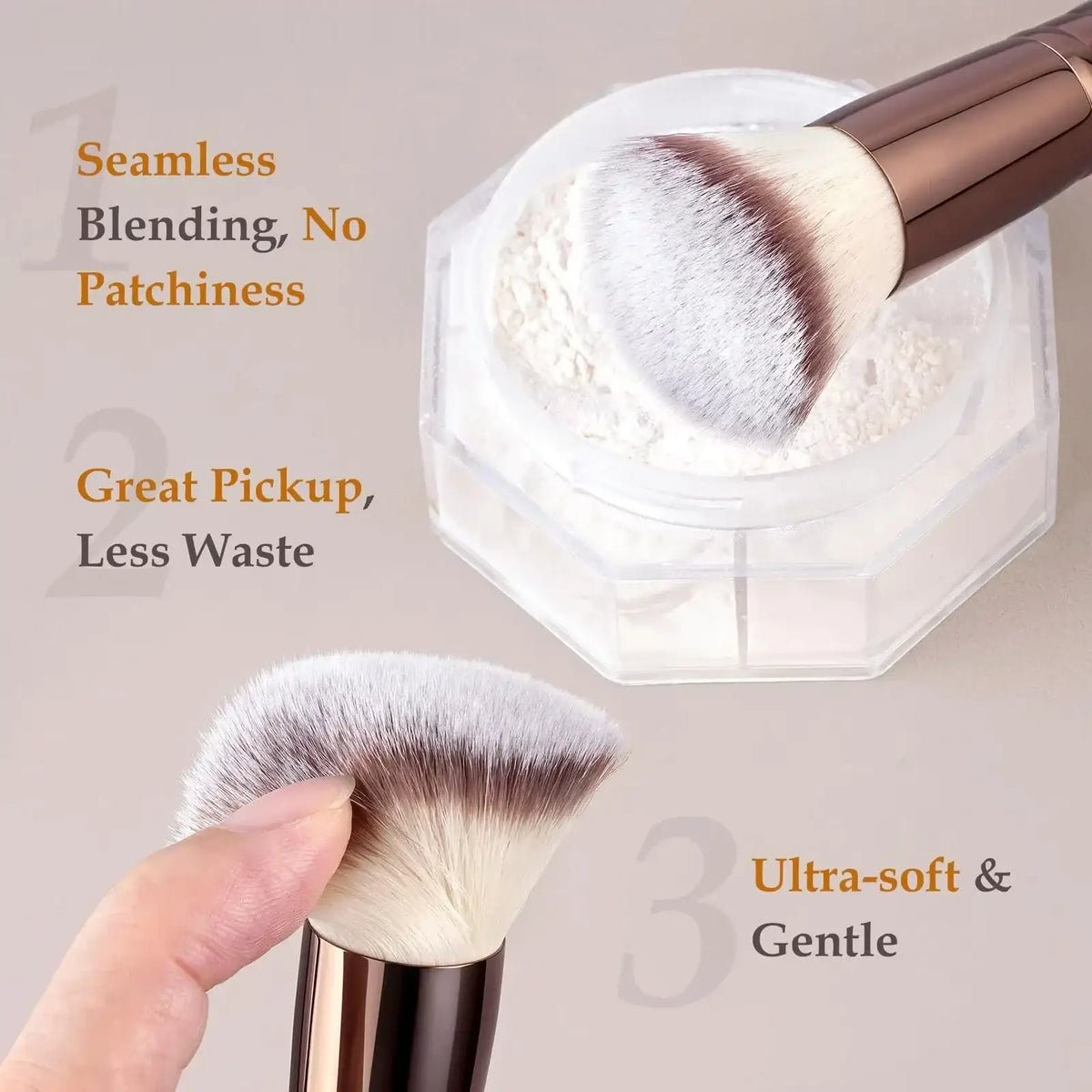 A rose gold wool fiber makeup brush from a 20-piece brush set used over a clear hexagonal powder compact