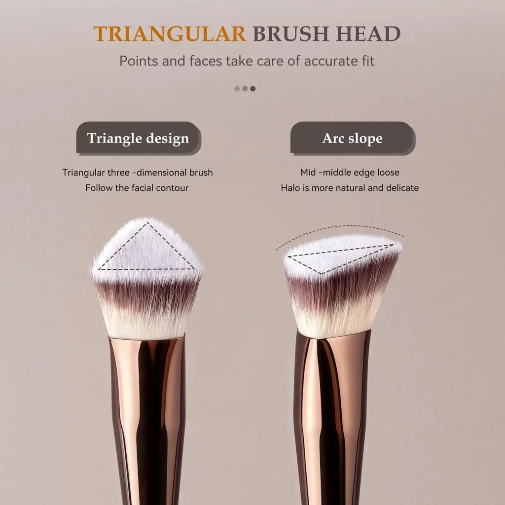 Makeup brush set with wool fiber bristles featuring rose gold handles and triangular and arc-shaped brush heads